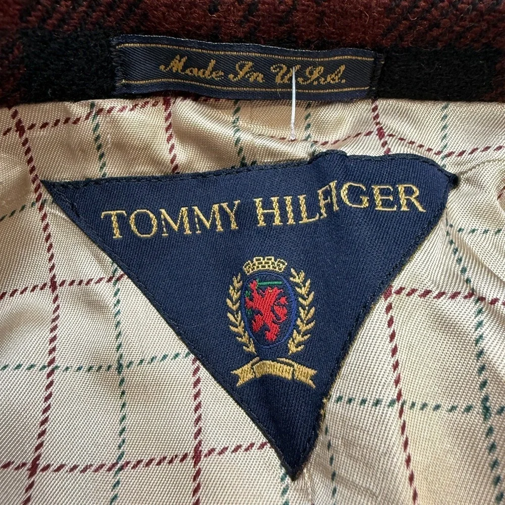 VTG Tommy Hilfiger Blazer Jacket Mens 42 Red Plaid Tweed Wool Sport Coat Preppy